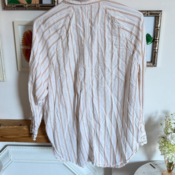 Linen Blend Oversized Button Down Shirt - Tan Vertical Stripes - Picture 11 of 11